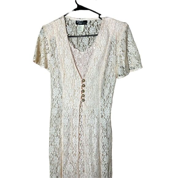 Vintage Dawn Joy 80s/90s Light Pink Lace Coquette Cottagecore Lace Maxi Dress Si - Picture 2 of 15